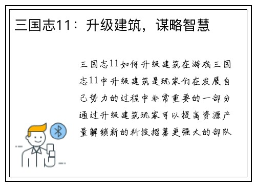 三国志11：升级建筑，谋略智慧